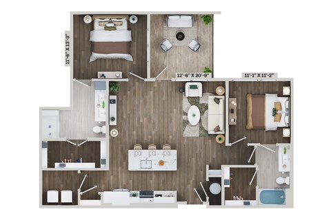 Floor plan for 2 beds, 2 baths, 1223 sqft